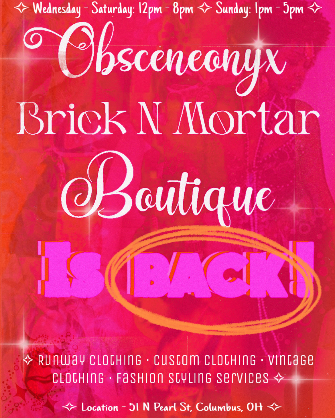Promotional poster for Obsceneonyx Brick N Mortar Boutique with text and a pink background.